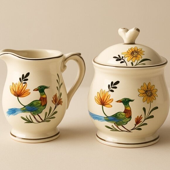 𝅺GIEN Oiseau De Paradis Creamer & Sugar Bowl and Lid France Birds and Flowers - Picture 8 of 8